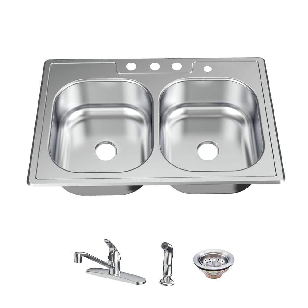 33'' Brushed Stainless Steel Double Bowl Kitchen Sink with Faucet