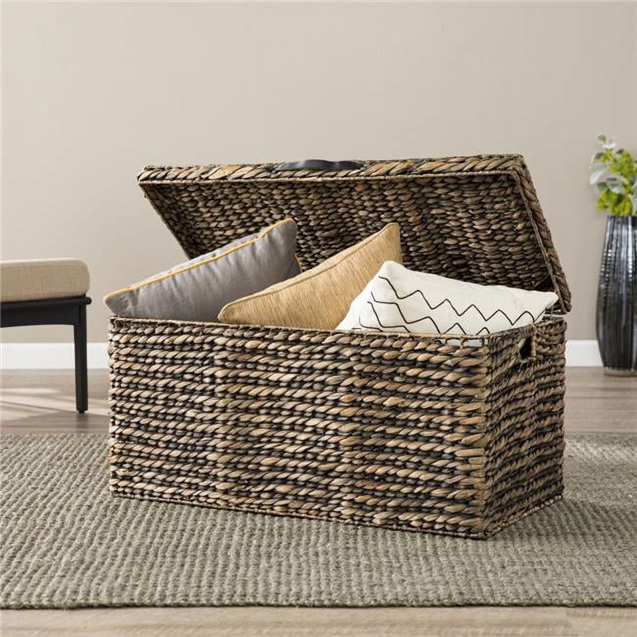 Sleek Brown Rattan Wicker and Metal Lift-Top Storage Coffee Table