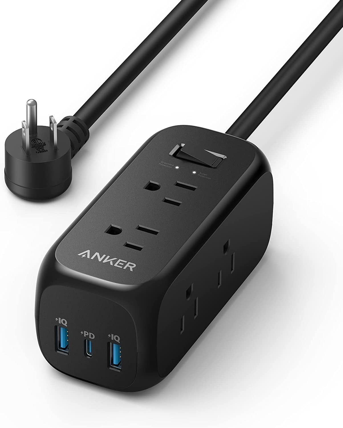 Black 5ft USB-C Power Strip Surge Protector with 6 Outlets