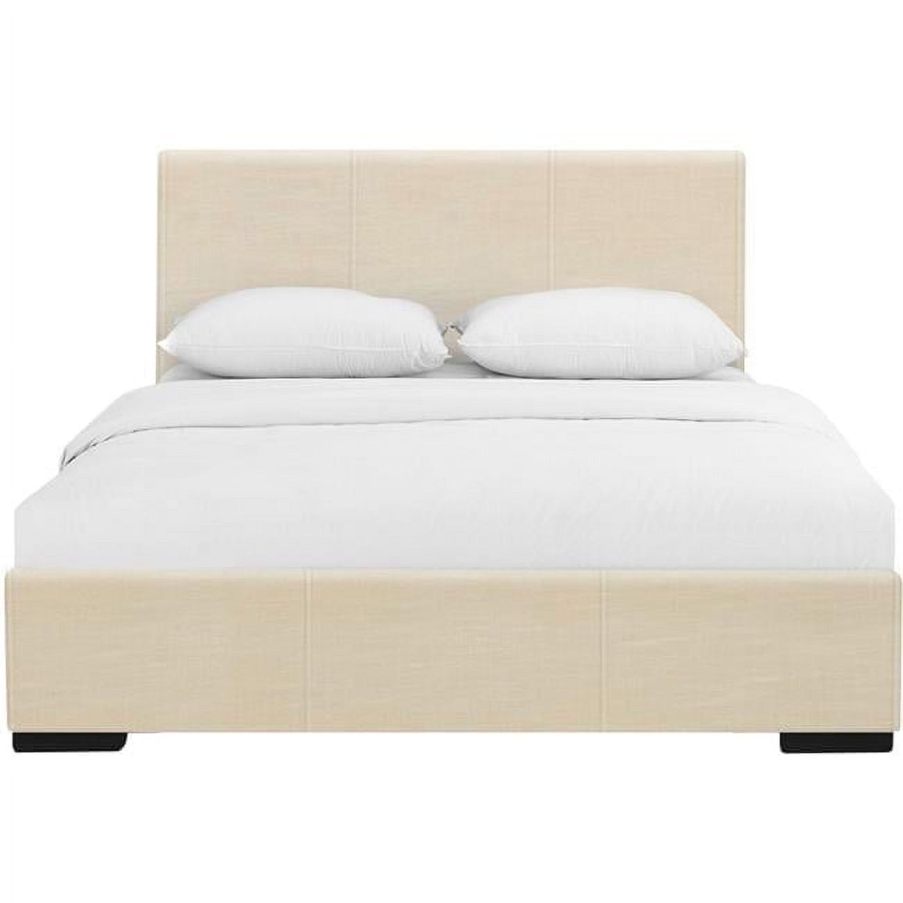 Beige King Upholstered Platform Bed with Slats