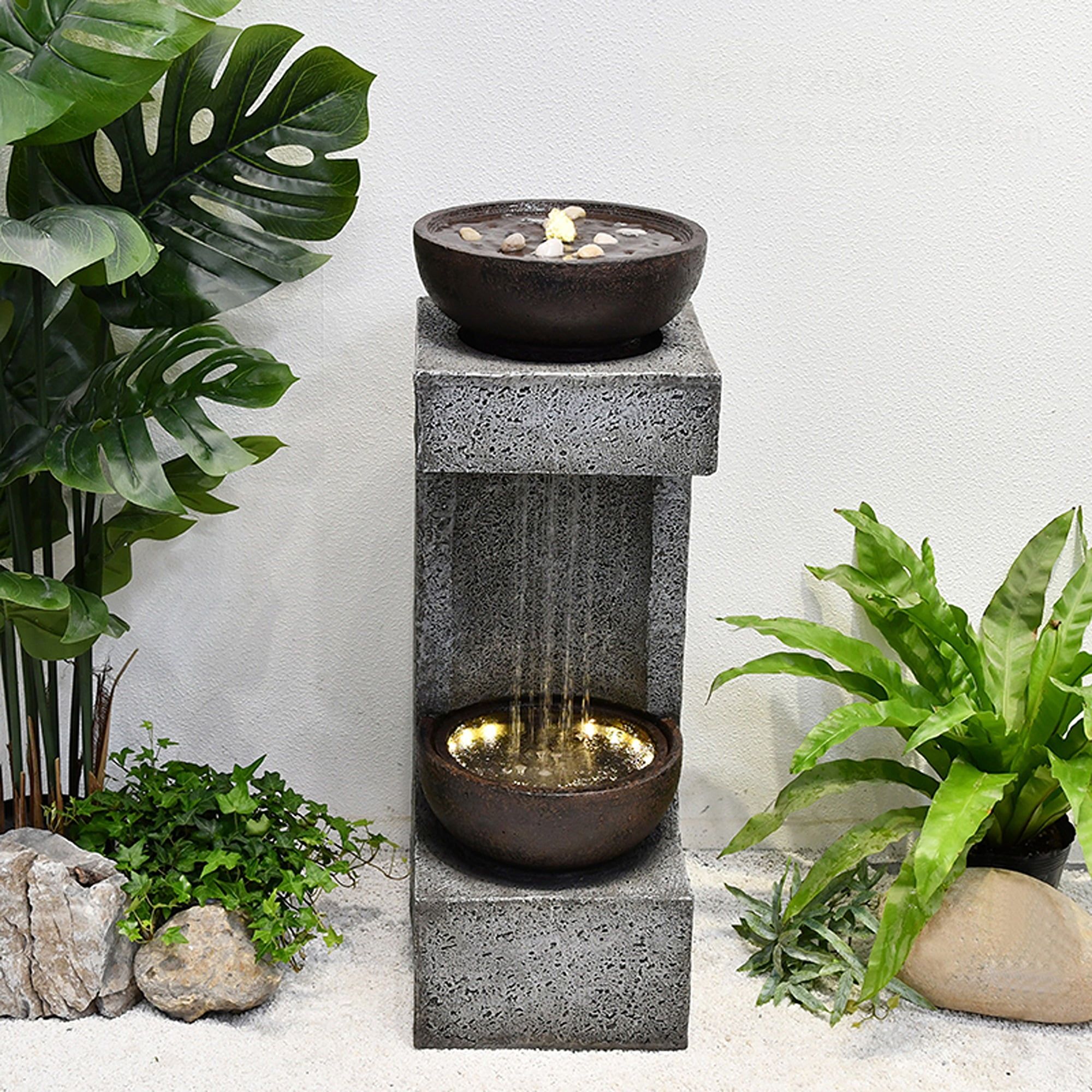 34" Gray Concrete Rainfall Fountain with LED Lights