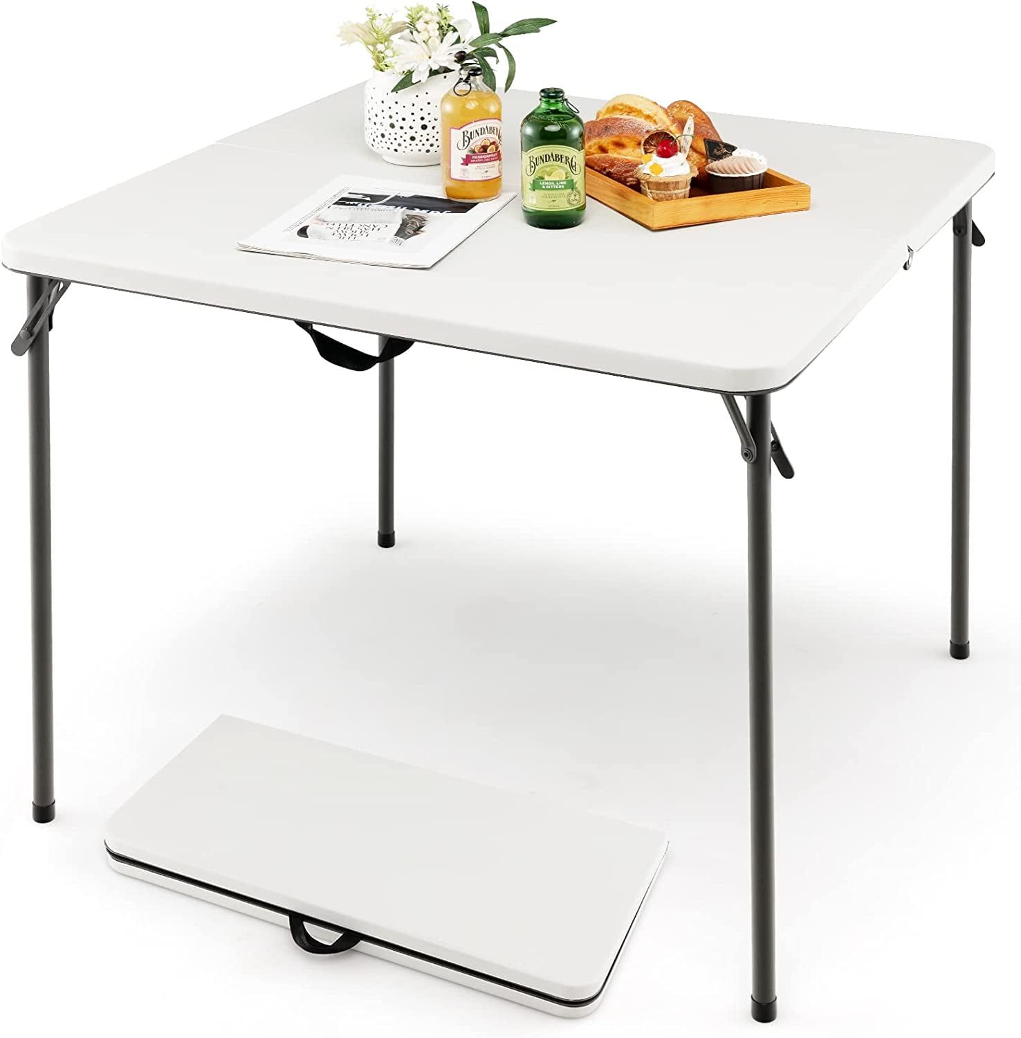 34'' White HDPE and Steel Folding Card Table with Handle