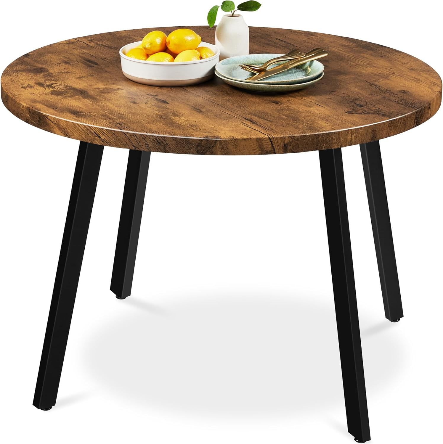 35.5in Round Brown MDF Dining Table with Black Steel Legs