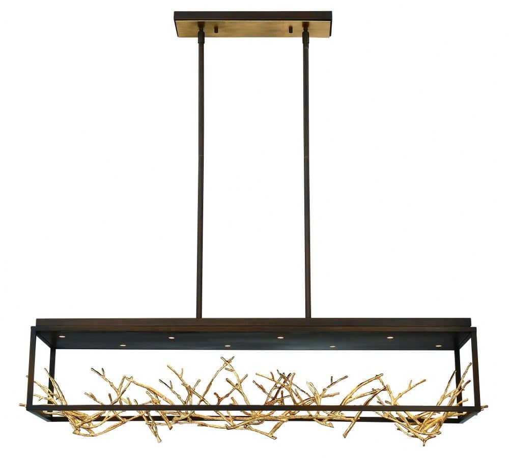 Bronze Rectangular LED Chandelier with Gold Antler Branches