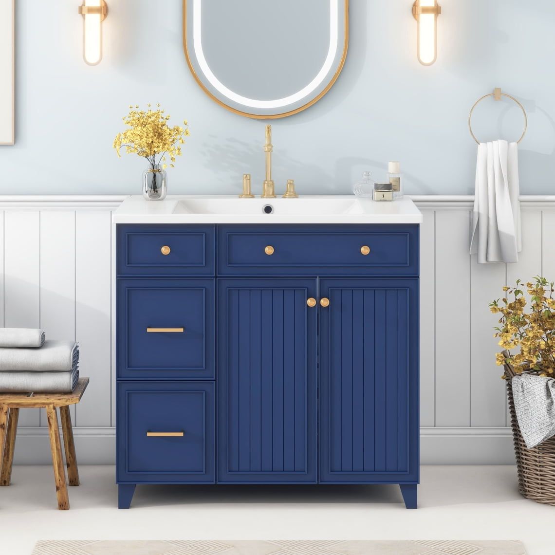 Navy Blue 36" Freestanding Solid Wood Bathroom Vanity with Resin Sink