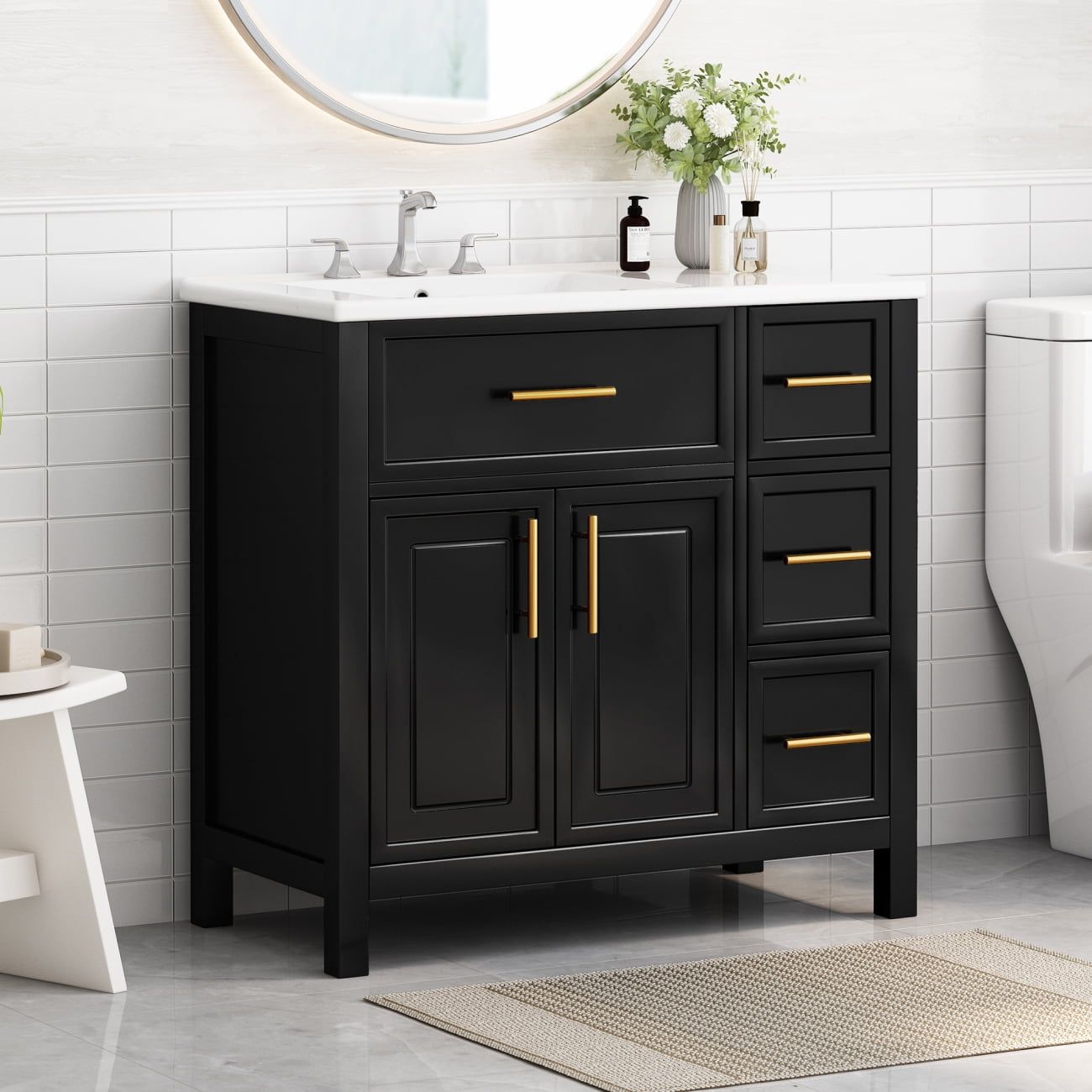 36'' Black Freestanding Bathroom Vanity with Ceramic Sink