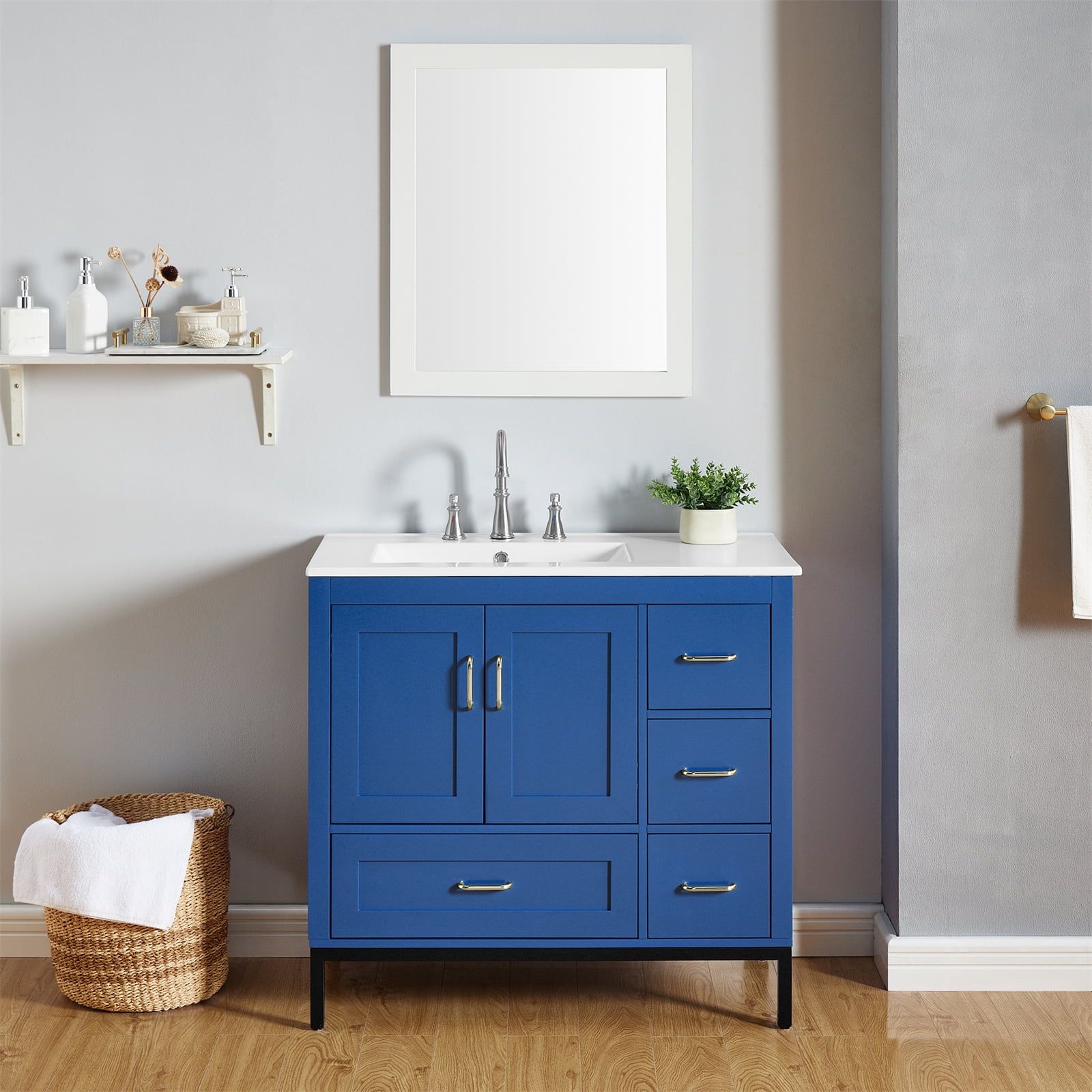 36 Inch Blue Freestanding Bathroom Vanity with Ceramic Sink