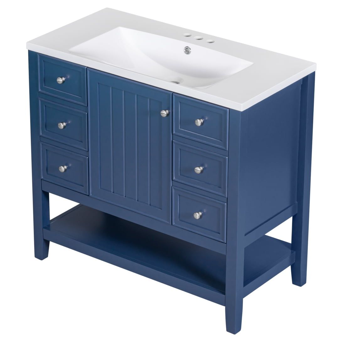 36" Blue MDF Freestanding Bathroom Vanity with Ceramic Sink