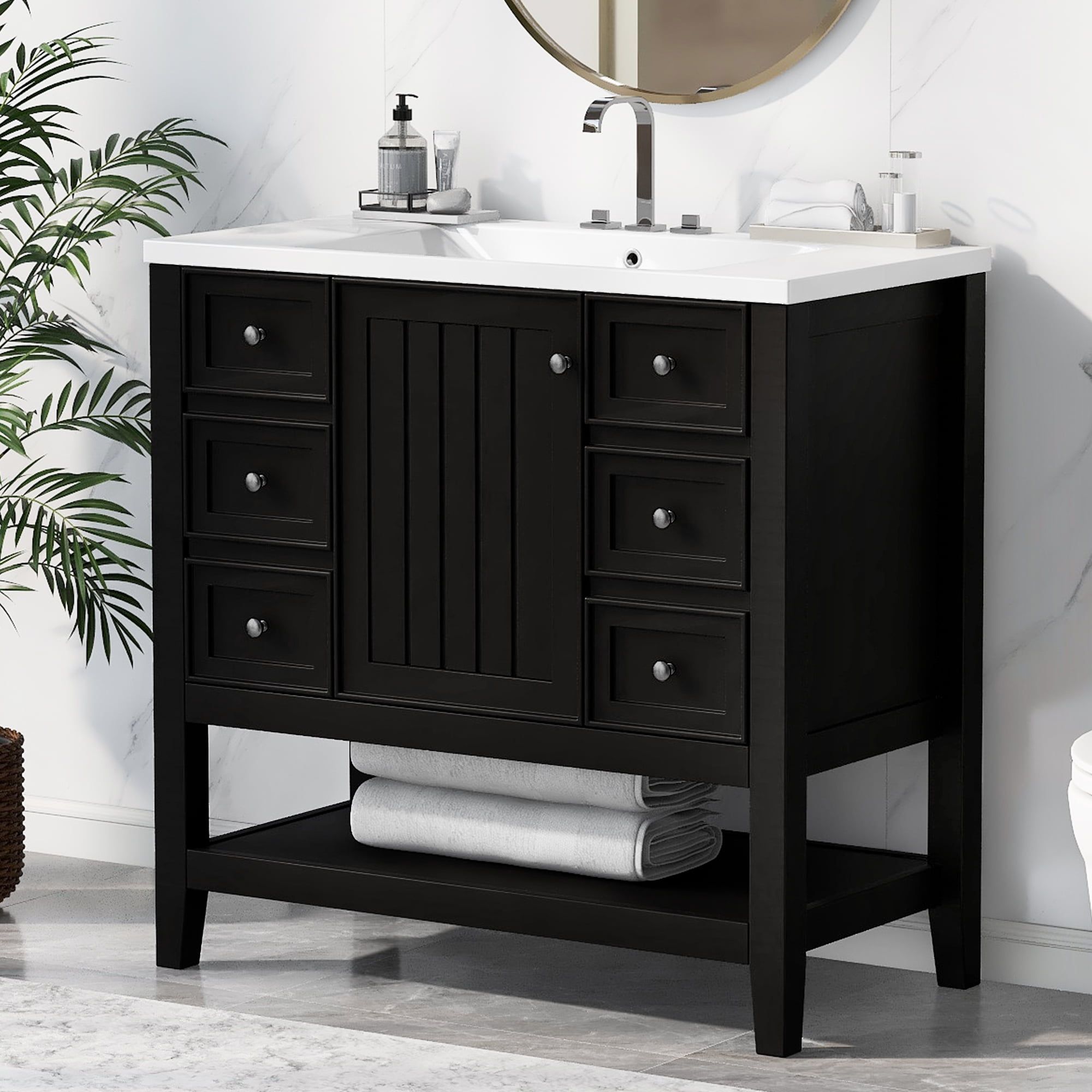 Black 36" Freestanding Bathroom Vanity with Ceramic Sink and Storage