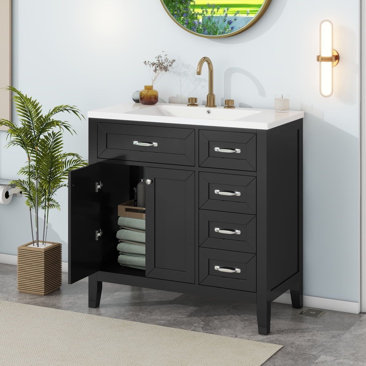 Black 36" Freestanding Bathroom Vanity with Ceramic Sink and Storage