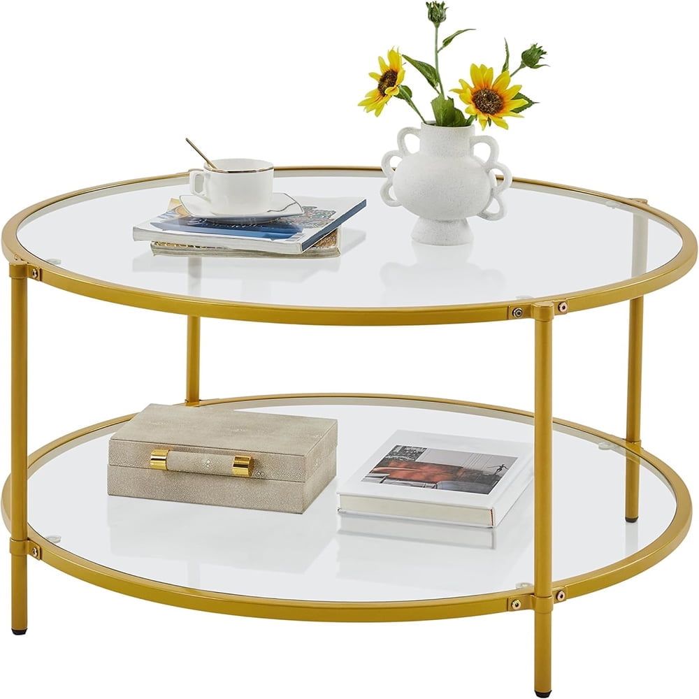 Gold Round Glass Coffee Table with Metal Frame, 36 Inch