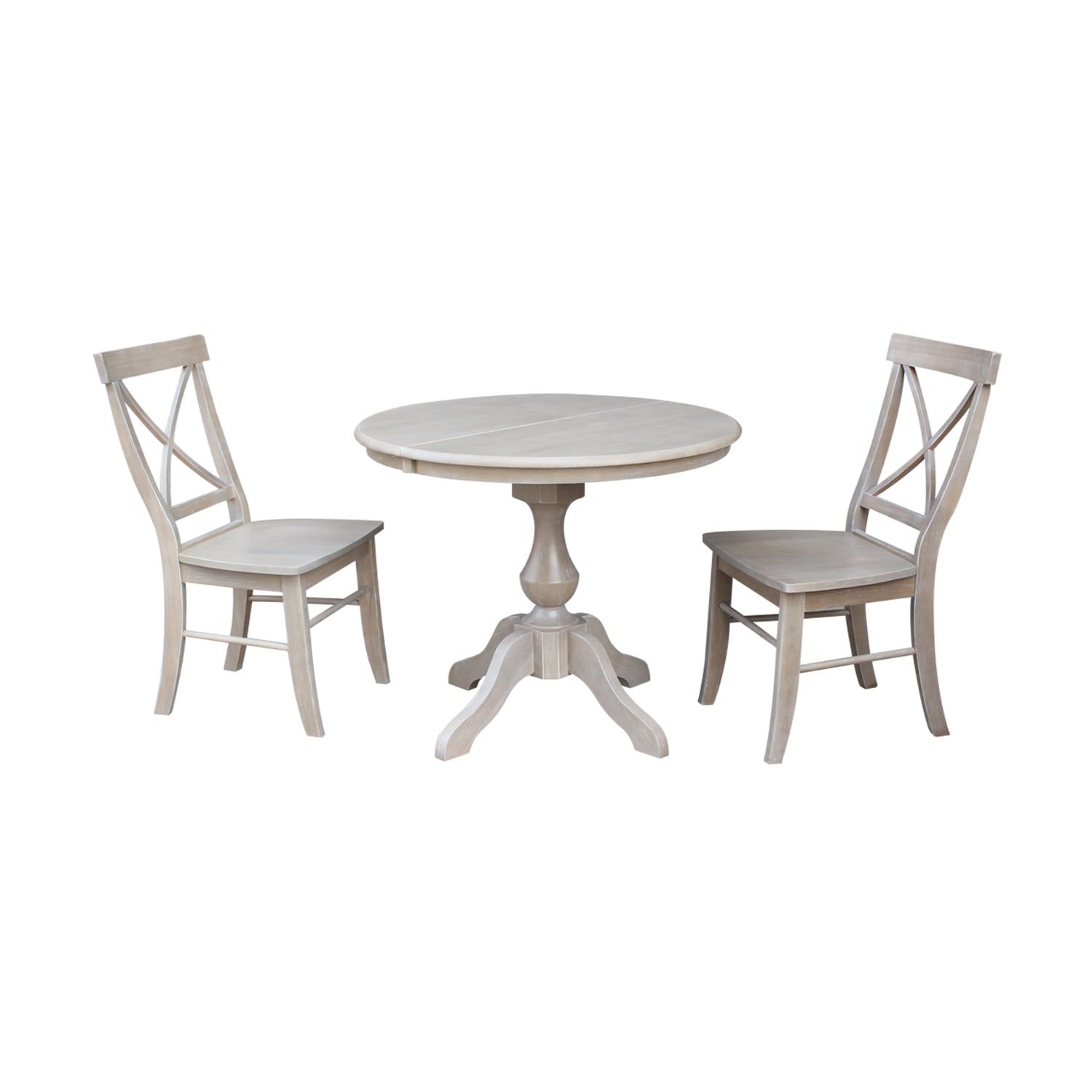 Washed Gray Taupe Solid Wood Dining Set with Round Extension Table and 2 X-Back Chairs