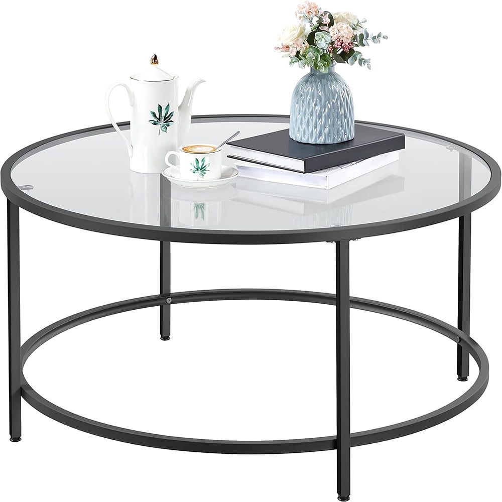 36'' Round Black Metal and Glass Coffee Table