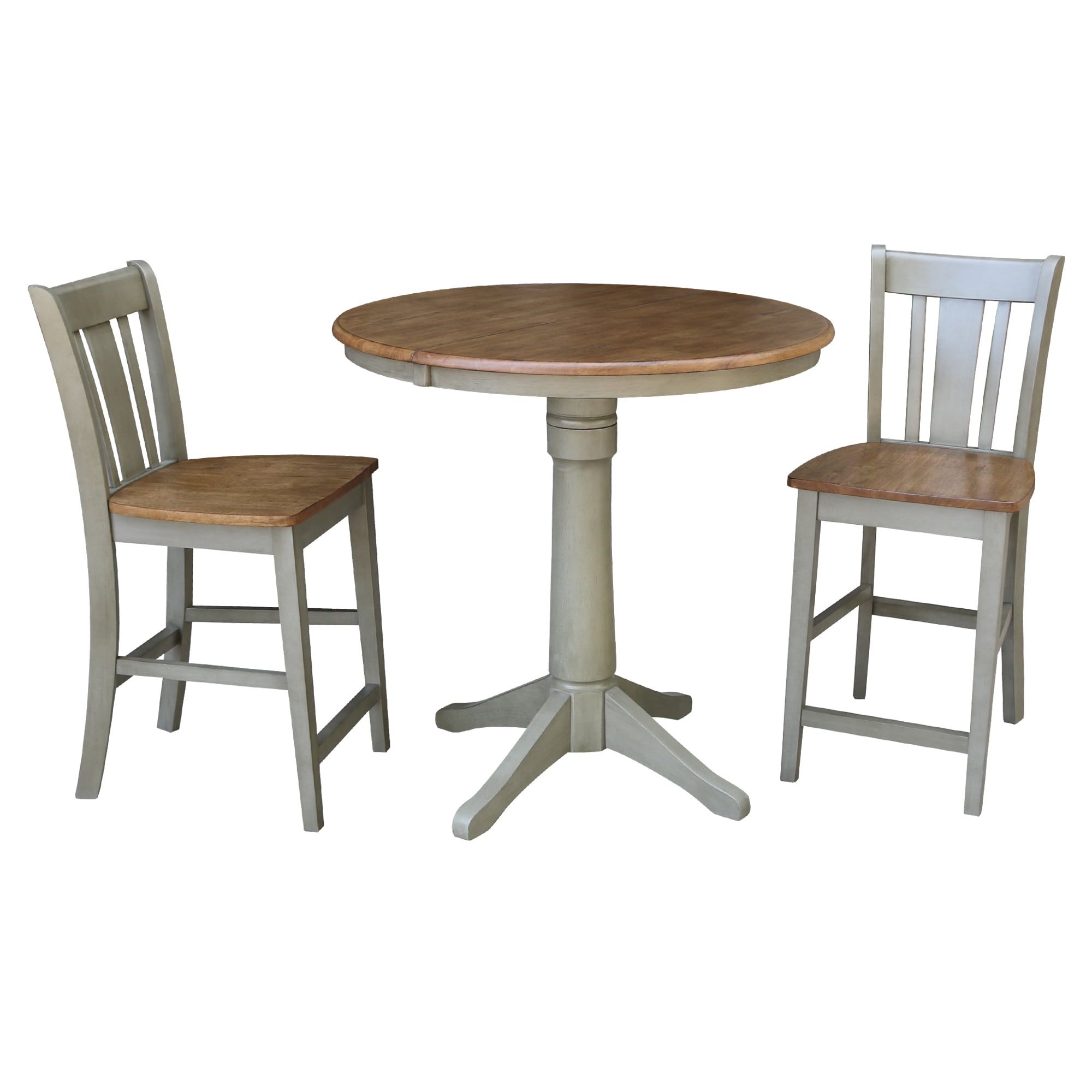 36" Round Hickory Solid Wood Extension Dining Table with 2 Stone Counter Height Chairs