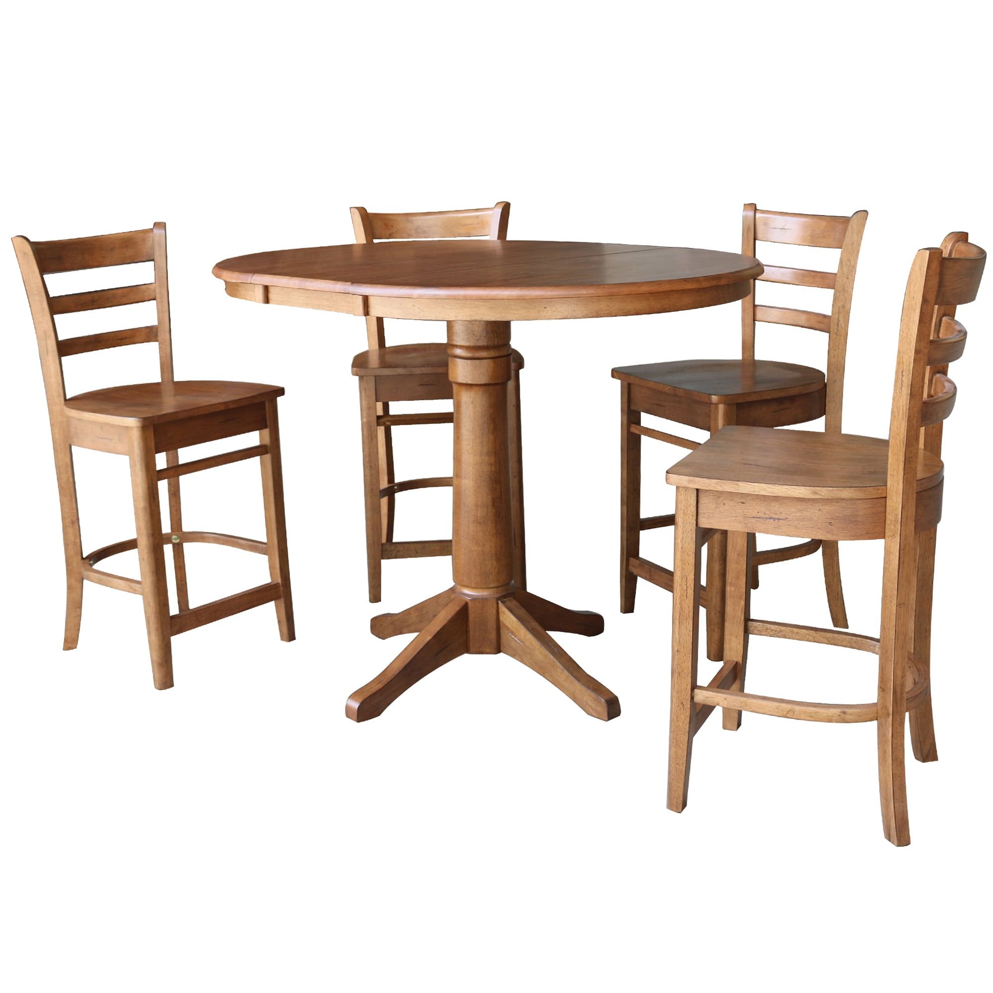 Distressed Oak 50" Solid Wood Round Extension Dining Table with 4 Chairs