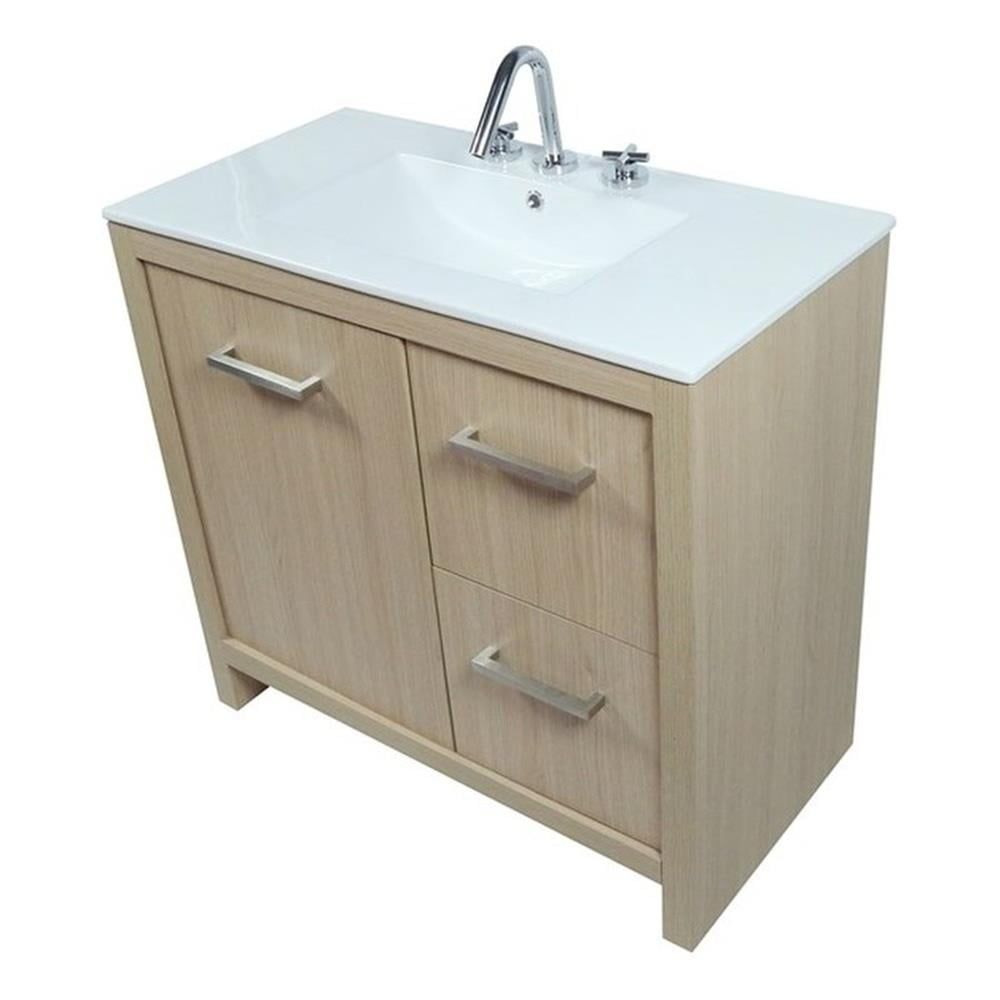 36" Neutral Wood Single Sink Vanity with White Ceramic Top