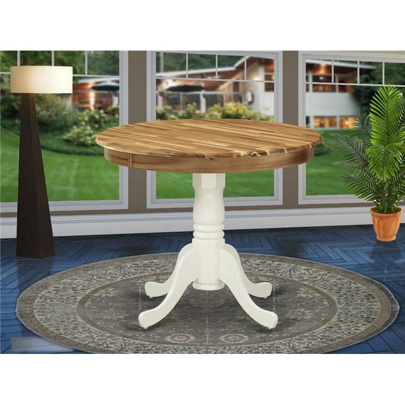 36" Round Acacia Wood Extendable Dining Table with Linen White Pedestal