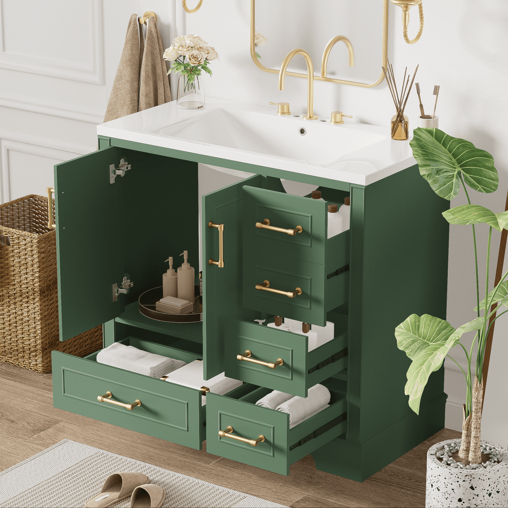 36-Inch Green Solid Wood Bathroom Vanity with Resin Sink