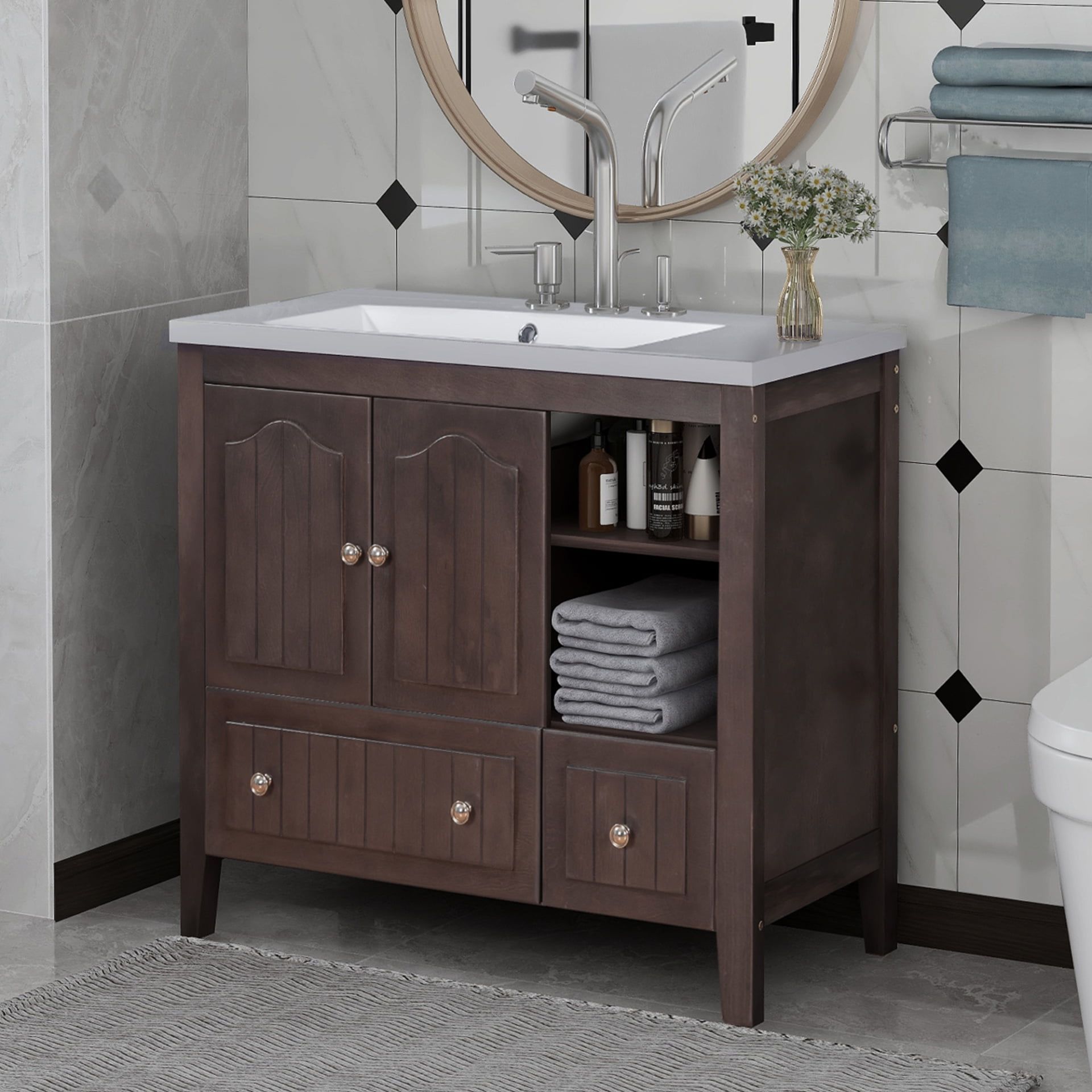 36" Brown Freestanding Bathroom Vanity with Ceramic Sink