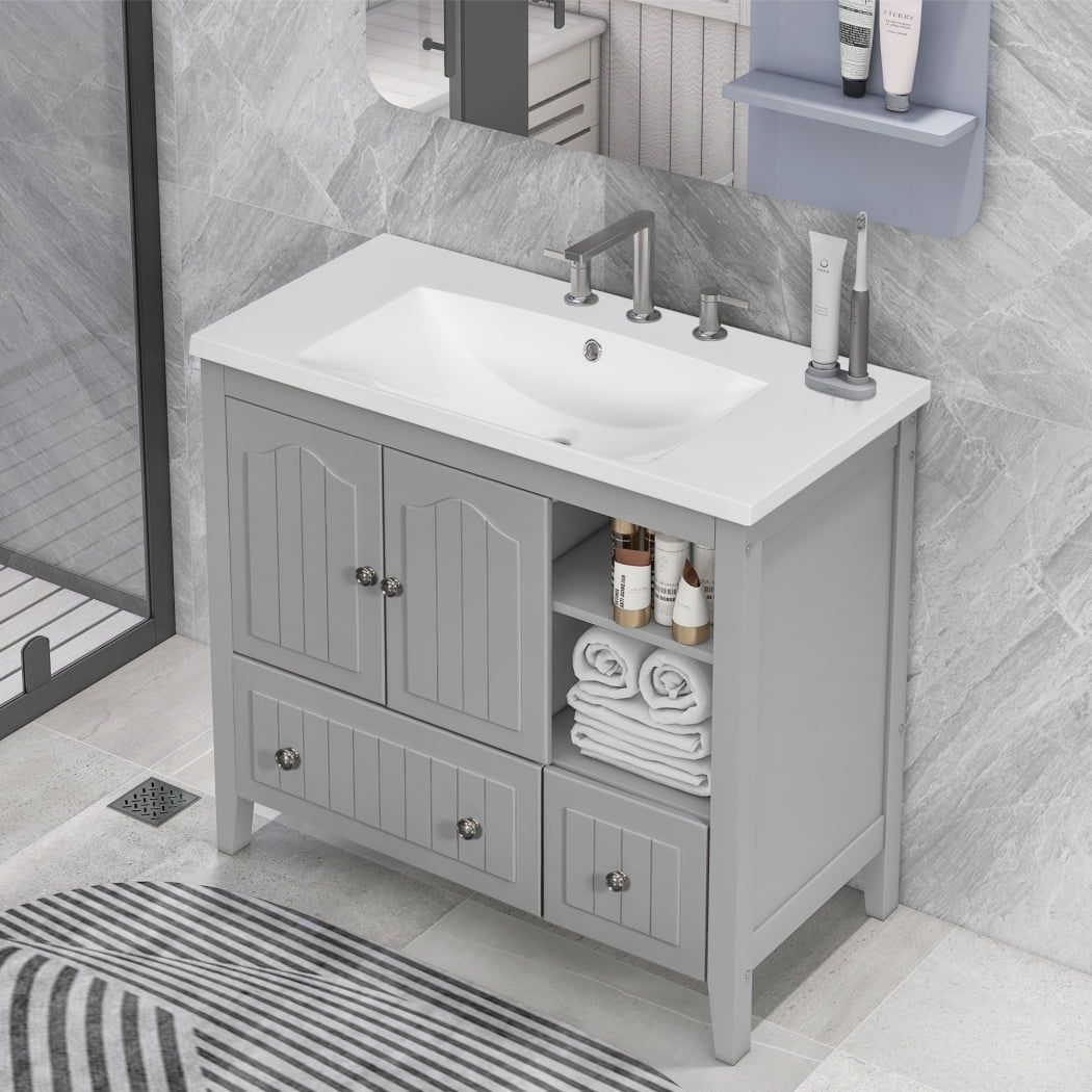 36" Gray Freestanding Bathroom Vanity with Ceramic Sink