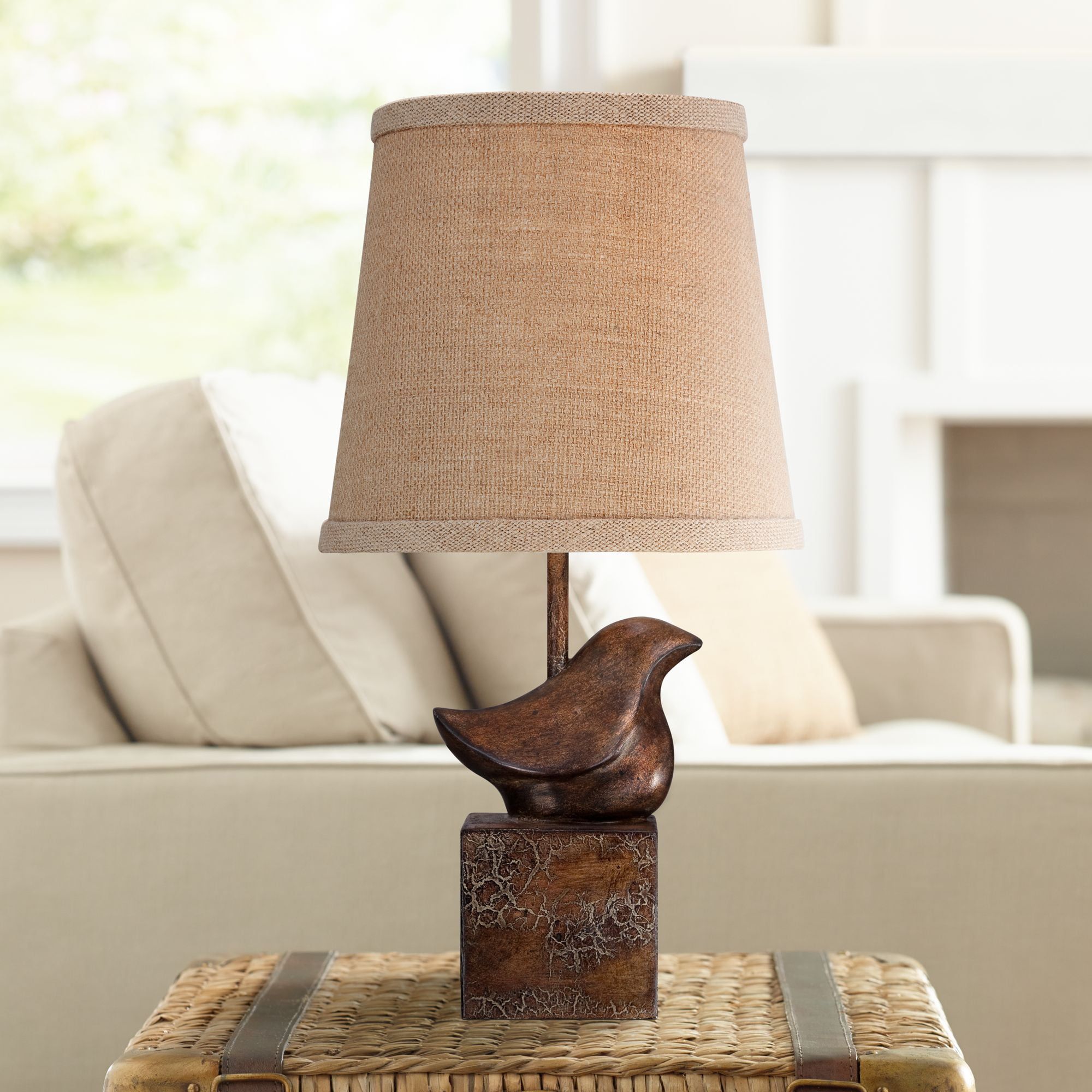 Bronze Bird Sculptural Accent Table Lamp with Burlap Shade