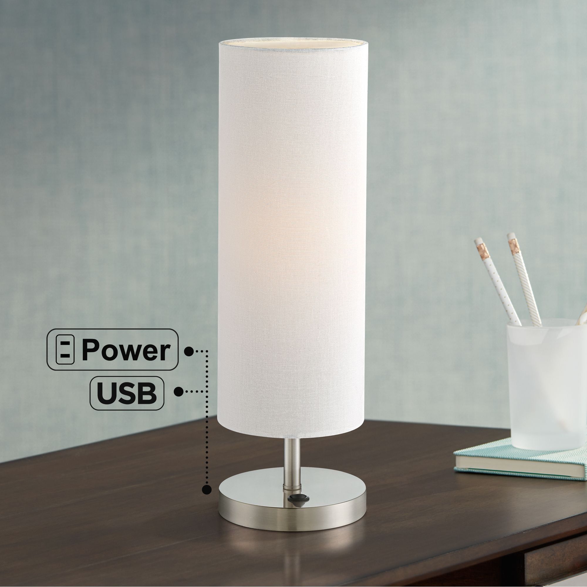 20" Brushed Nickel Table Lamp with White Fabric Shade and USB Port