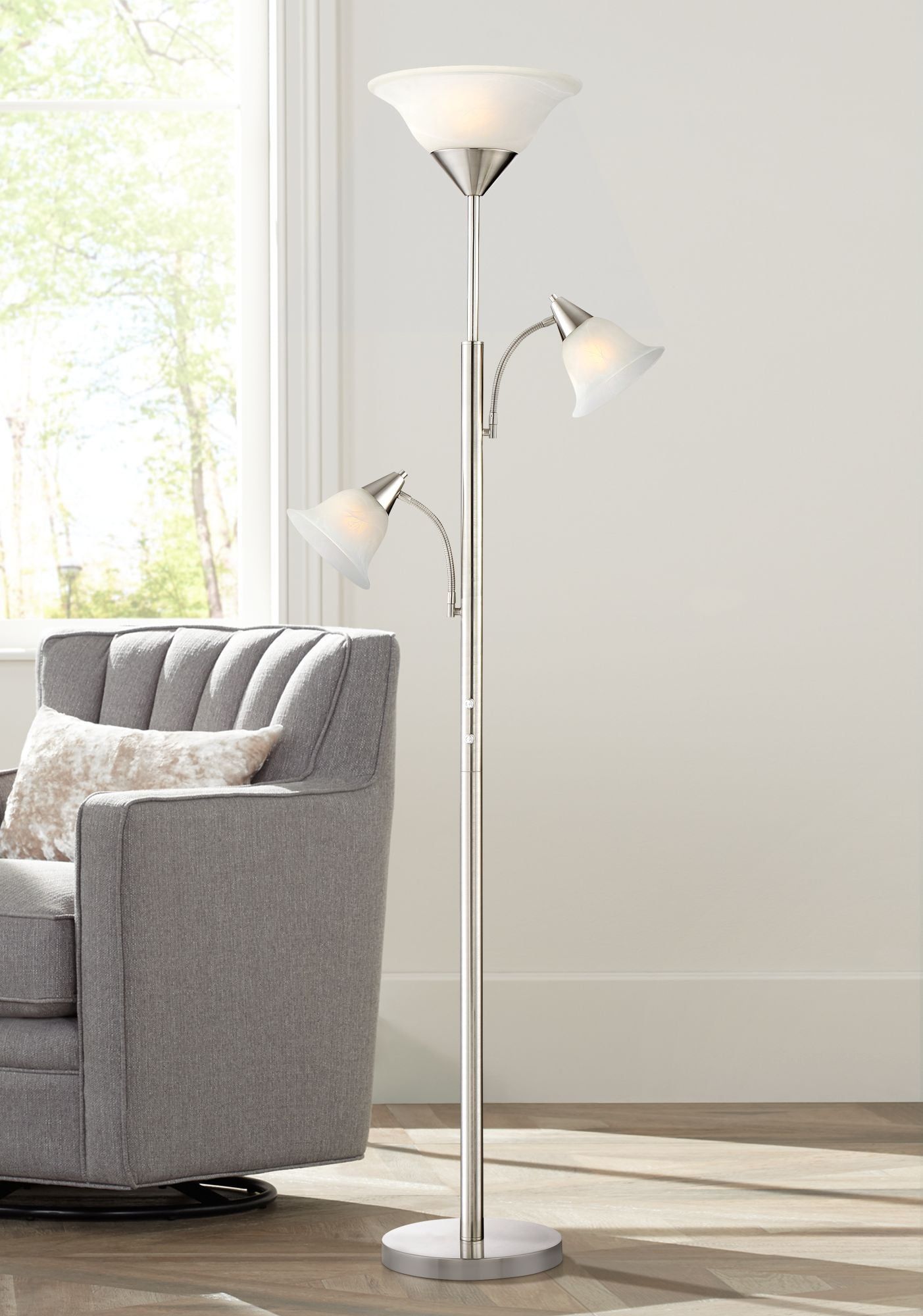 Sleek Brushed Nickel Multi-Head Torchiere Floor Lamp with Alabaster Shades