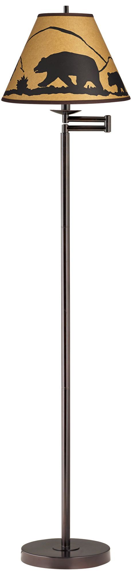 Adjustable Bronze Swing Arm Floor Lamp with Mountain Scene Shade