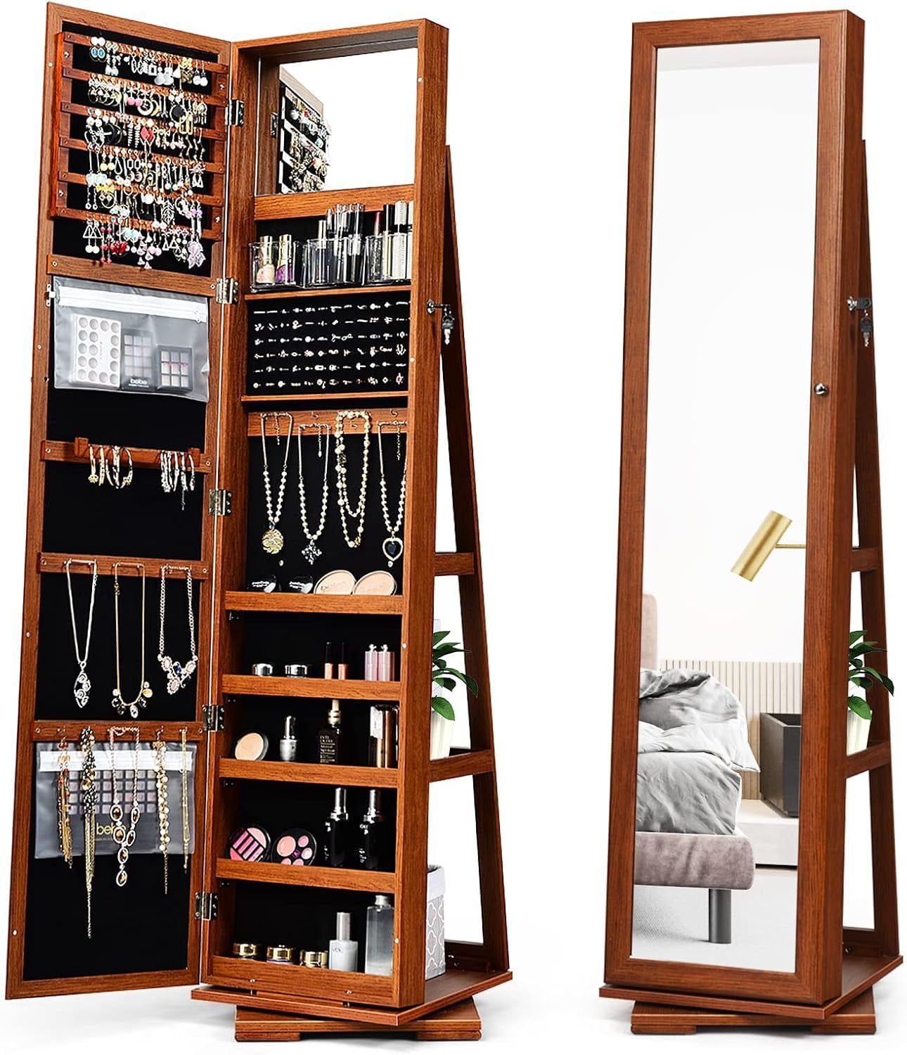 Walnut Floor Standing Jewelry Armoire with Full-Length Mirror