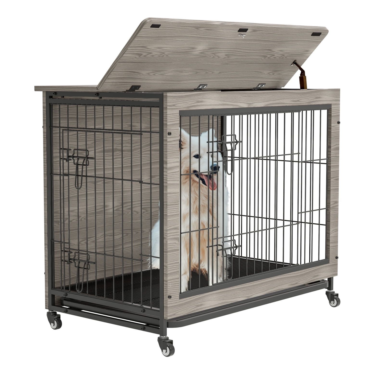 38-Inch Gray Rolling Wooden Dog Crate with Iron Bars