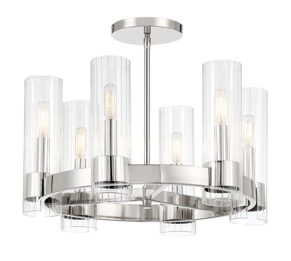 Elegant Chrome 6-Light Chandelier with Clear Ribbed Glass