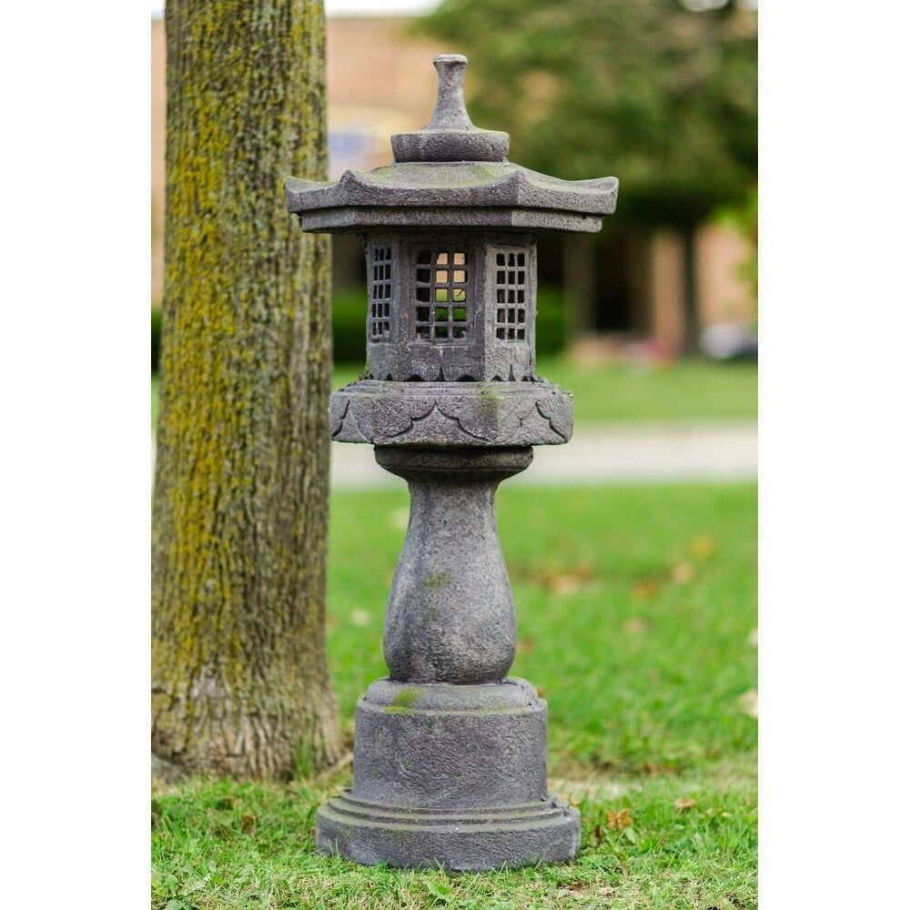 38-Inch Grey Stone Pagoda Lantern with Magnetic Door