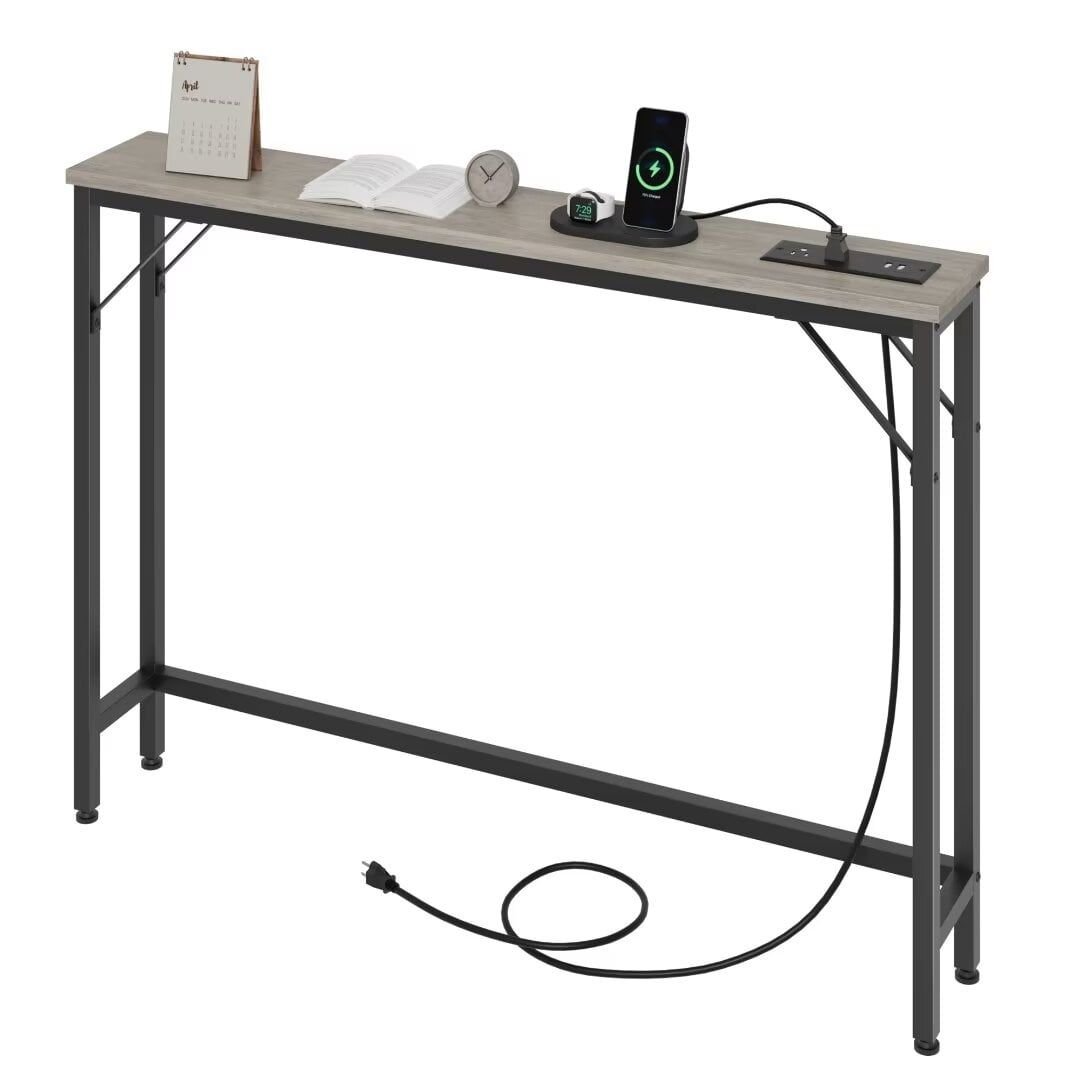 Gray Engineered Wood and Metal Console Table with Charging Station