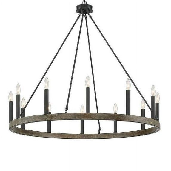 Darkwood and Black 12-Light Candle Style Wagon Wheel Chandelier