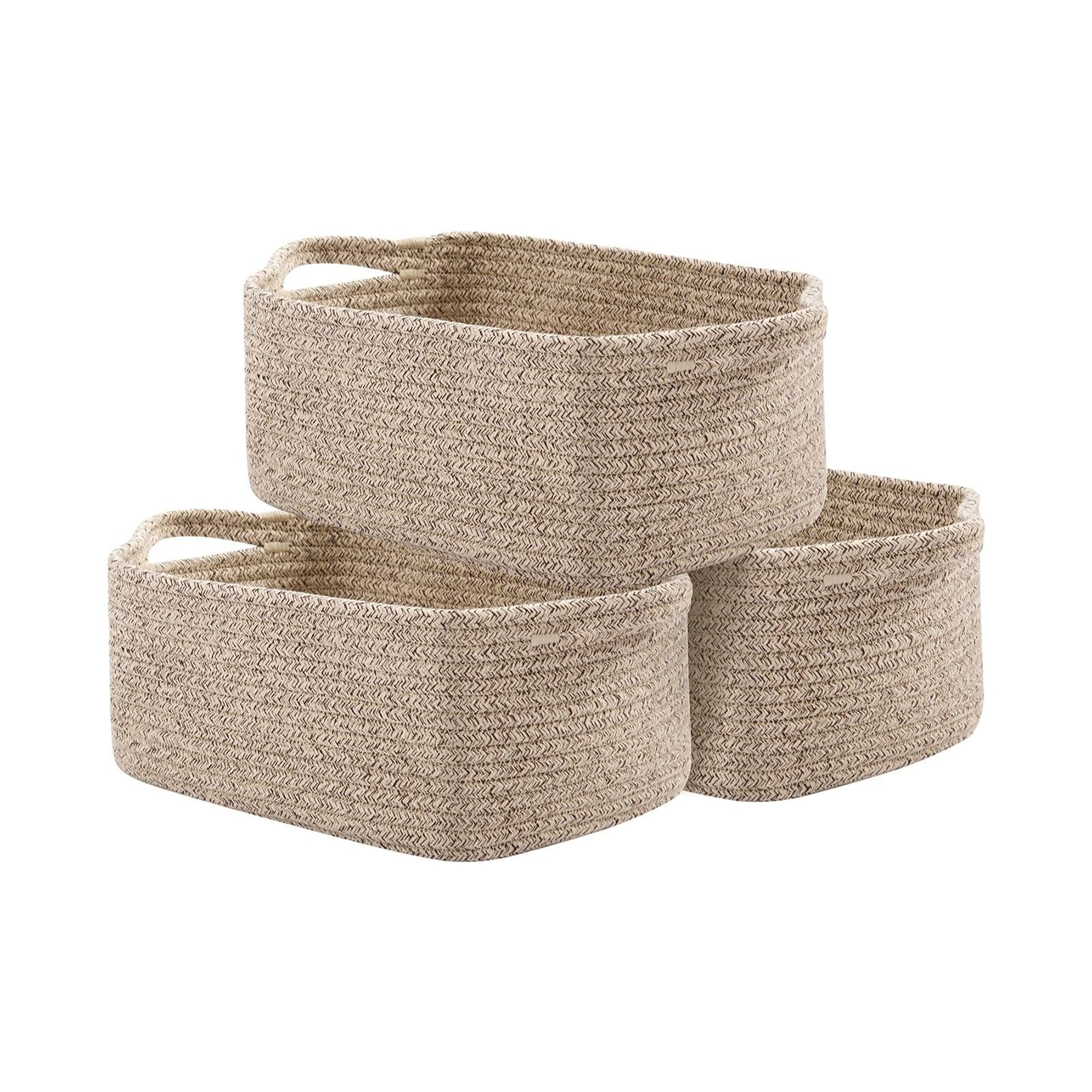 Brown Rectangular Cotton Rope Storage Baskets with Handles, Set of 3