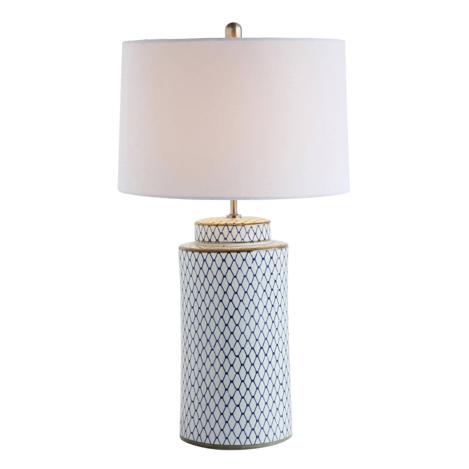 Indigo and White Ceramic Table Lamp with Linen Shade