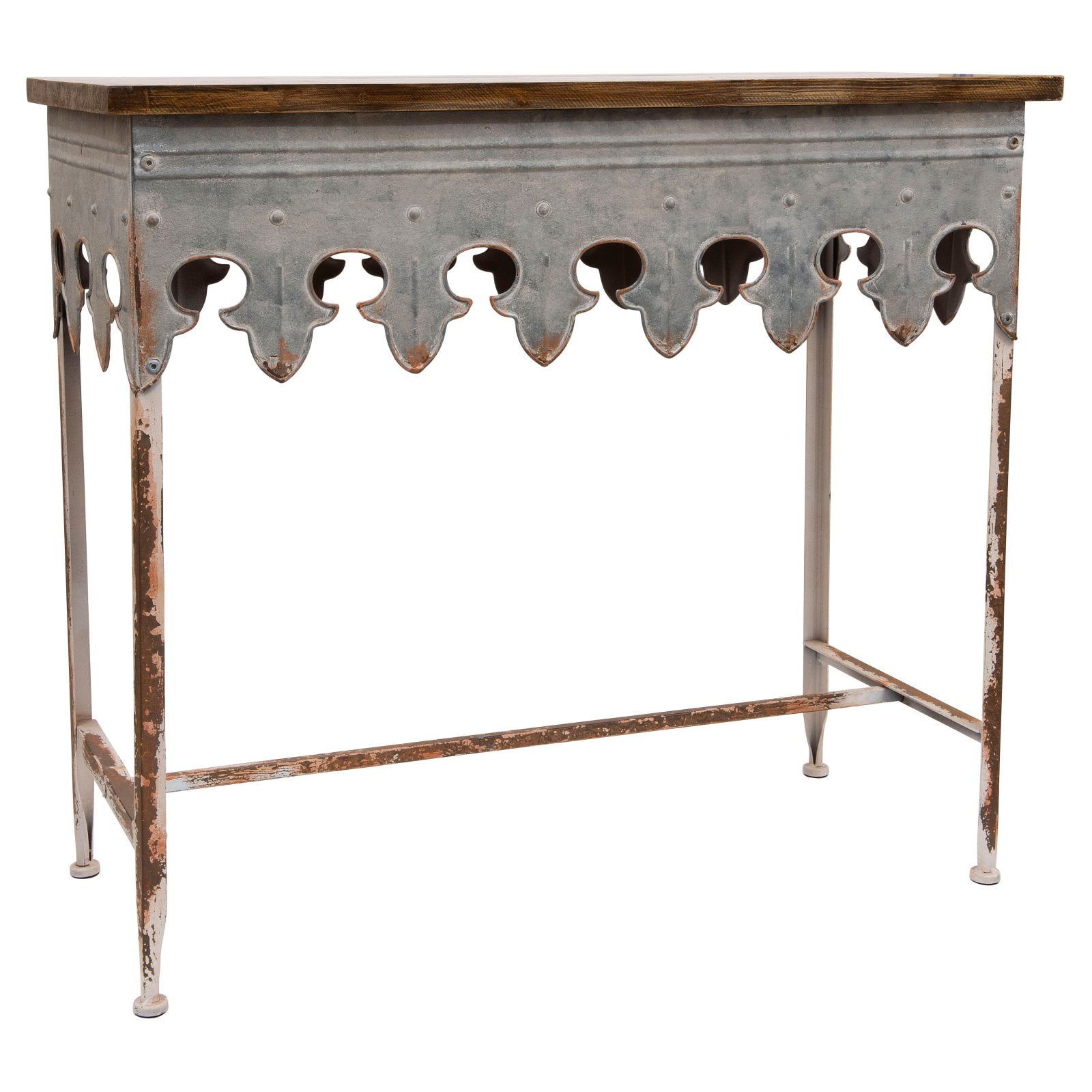 Scalloped Edge 36" Metal & Wood Console Table with Distressed Finish