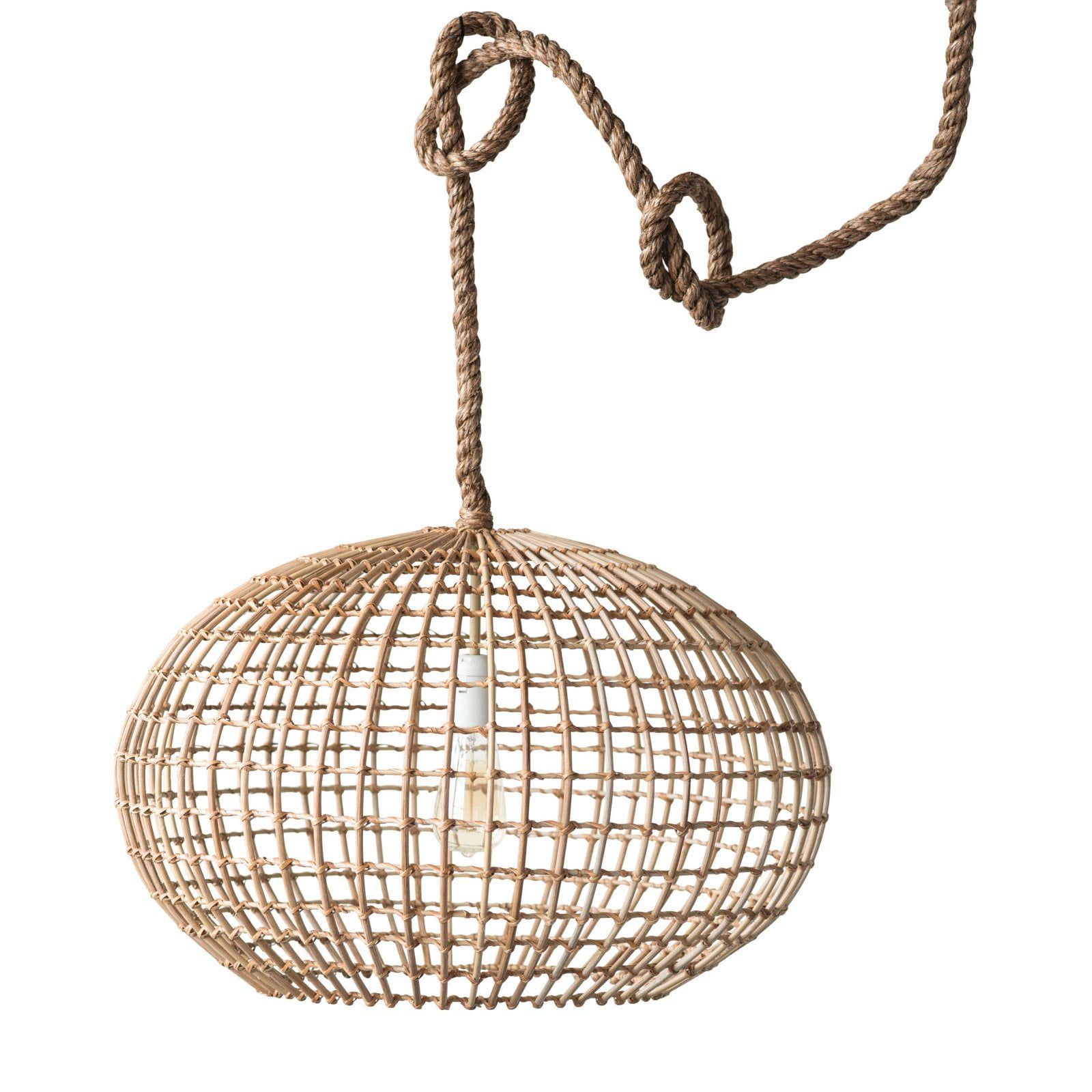 Natural Woven Wicker Globe Pendant Light with Rustic Rope Cord