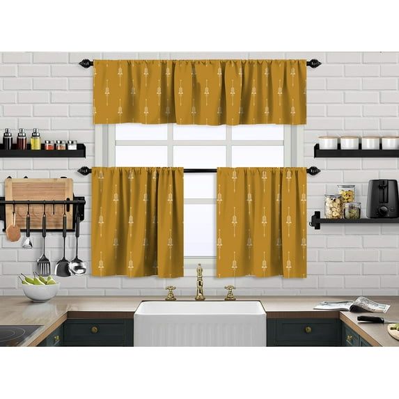 Mustard Yellow Boho Polyester Kitchen Valance and Tiers Set