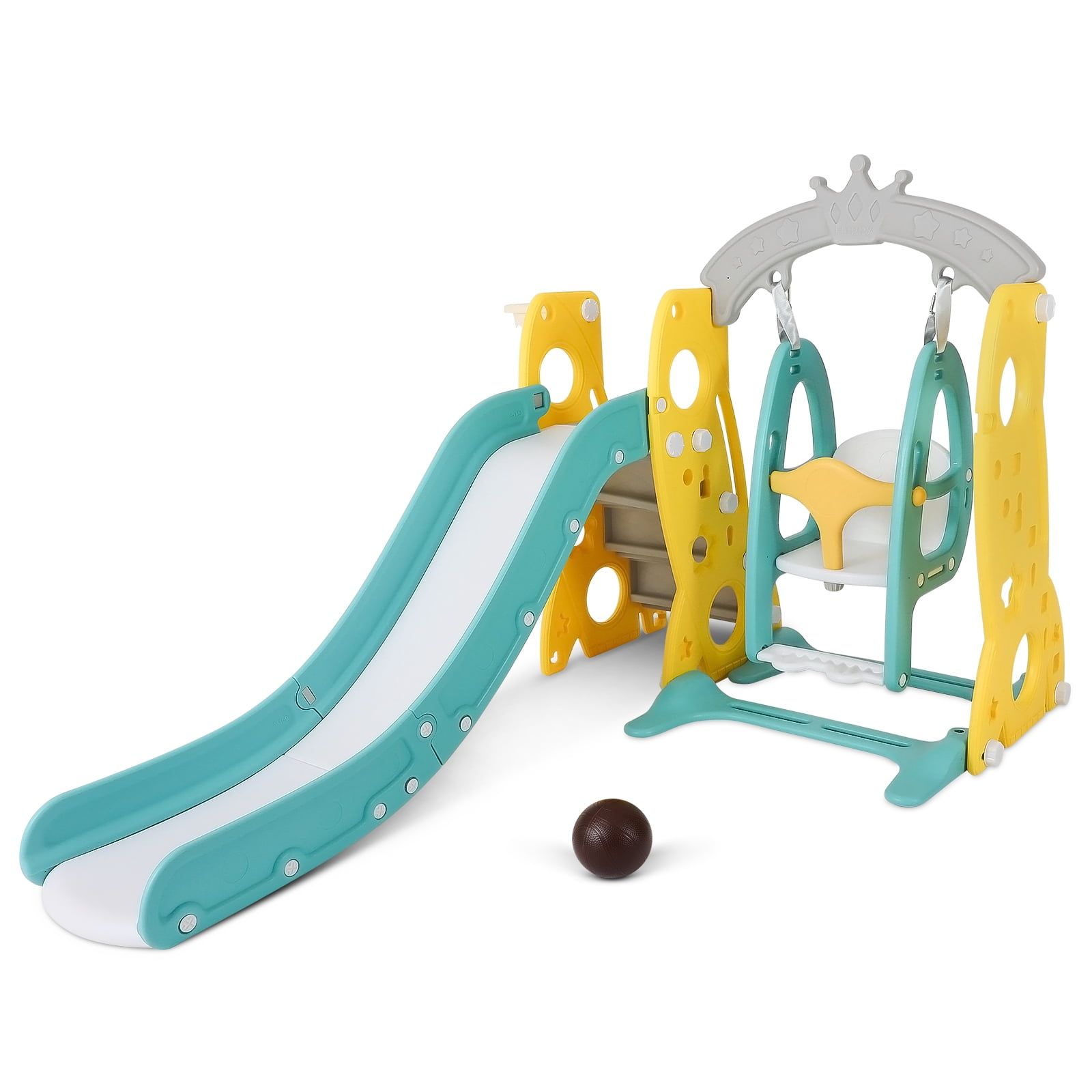 4-in-1 Adjustable Height Toddler Slide and Swing Set with Basketball Hoop