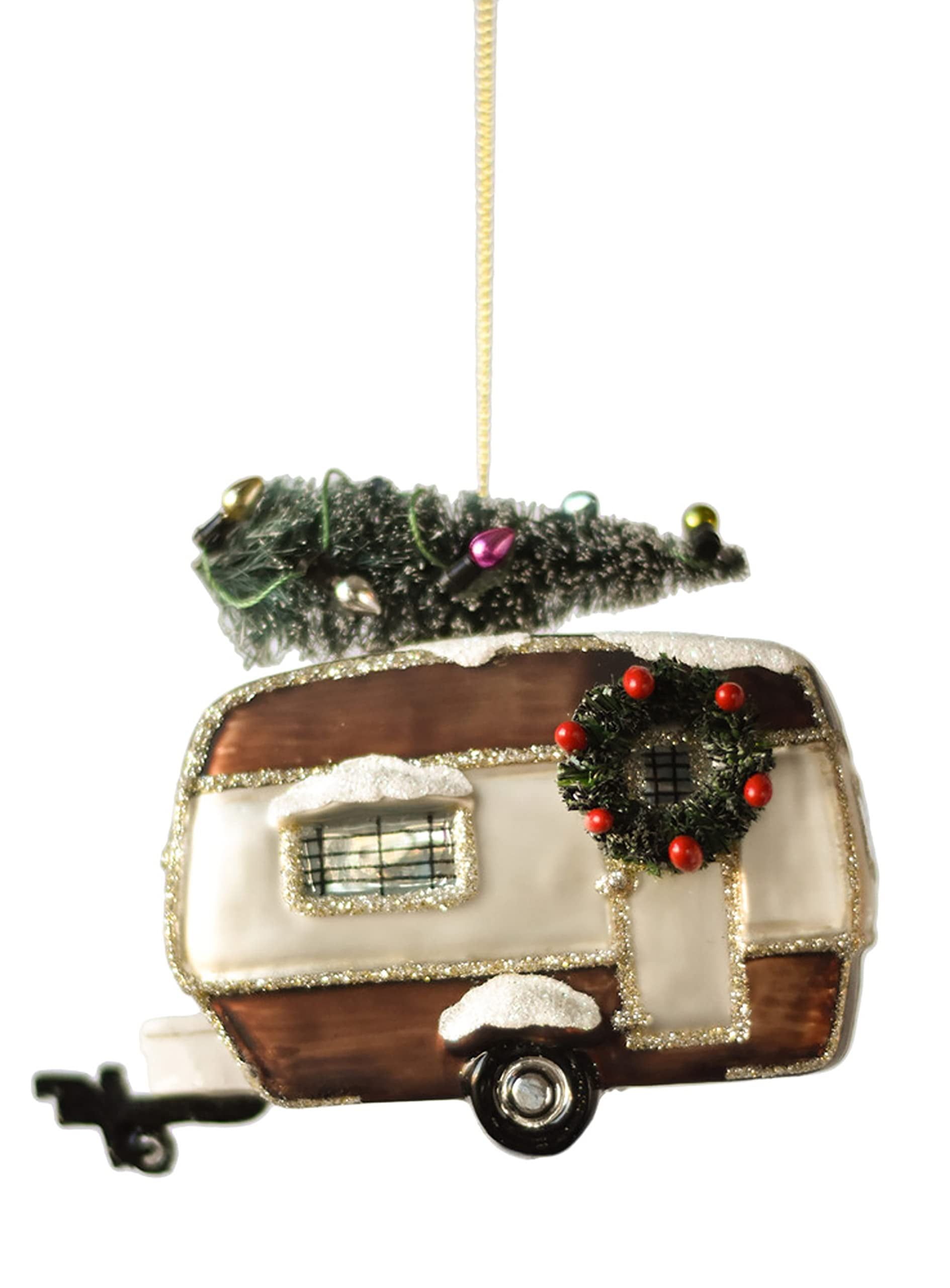 Festive Glass Camper Ornament with Christmas Tree