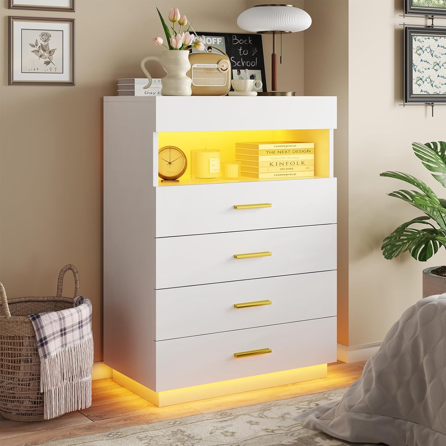 White Floating Tall Dresser with LED Lights and Gold Handles