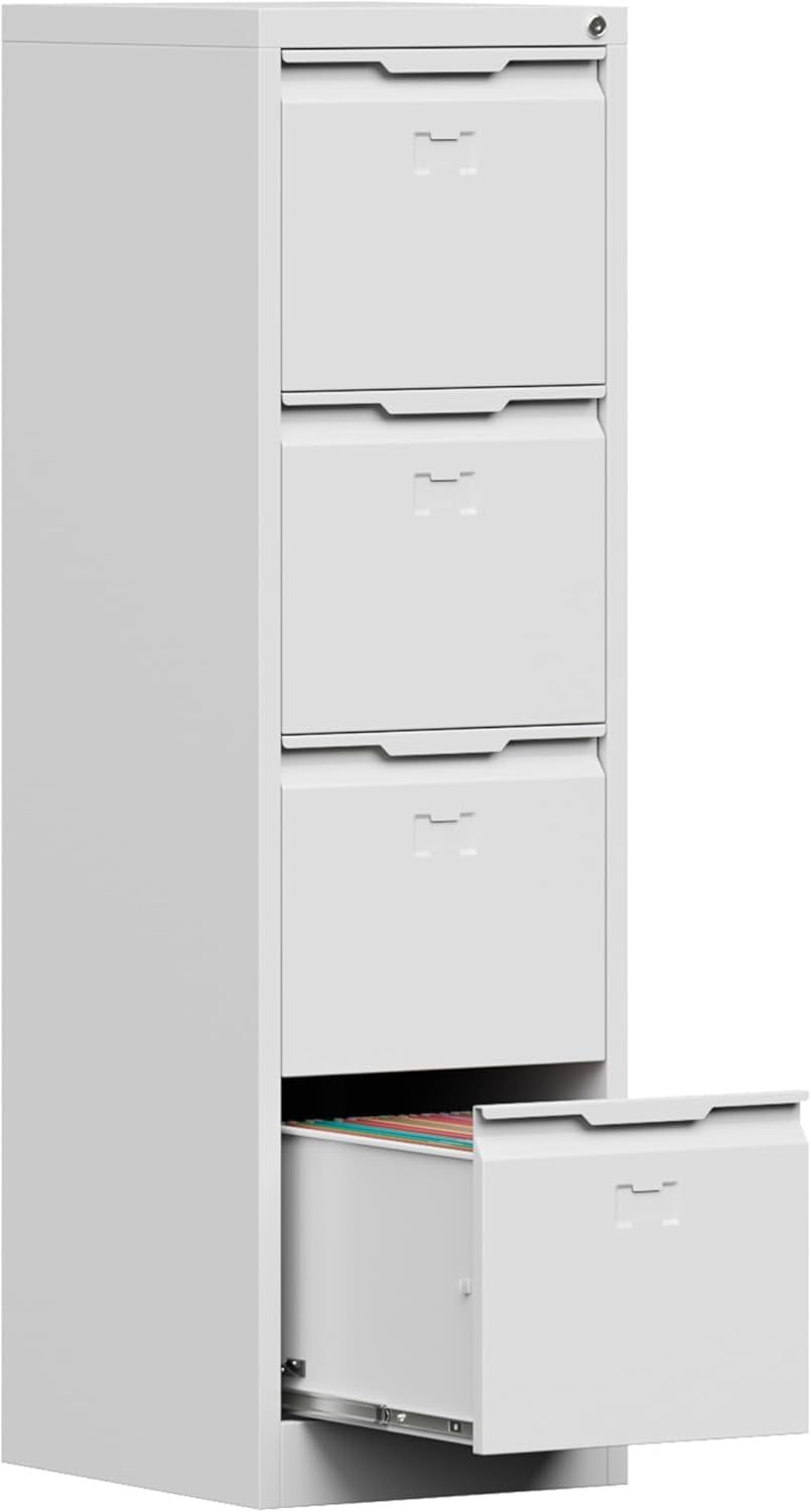 White 4-Drawer Vertical Metal Filing Cabinet with Lock