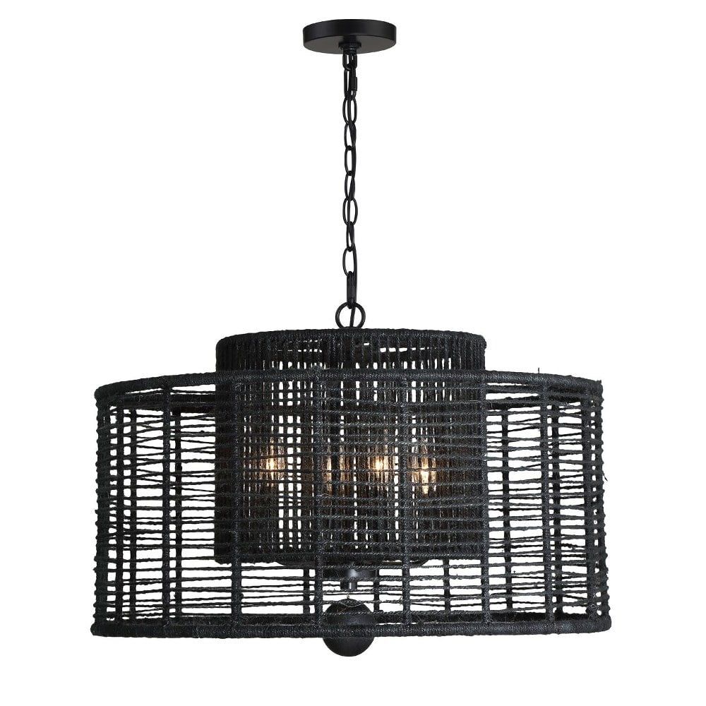 Matte Black Drum Filigree 4-Light Chandelier