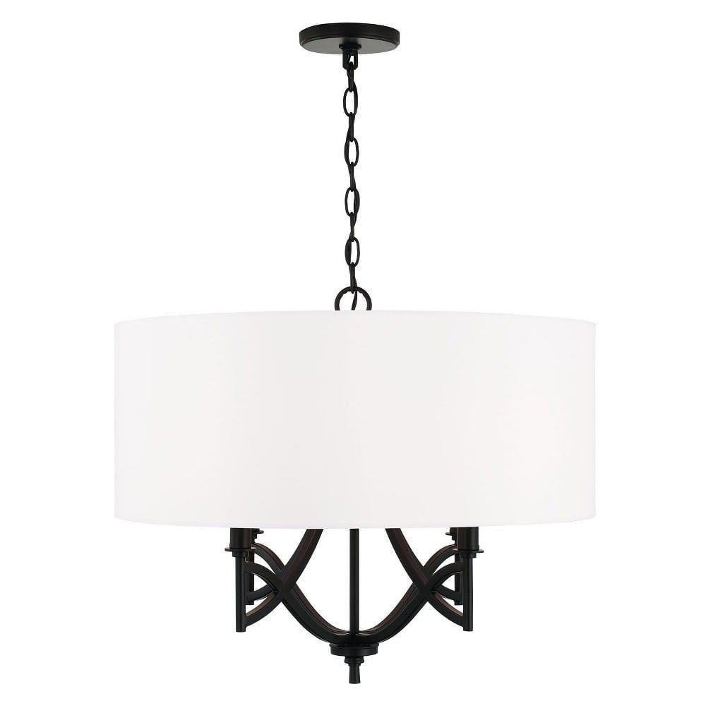 Sylvia 24" Matte Black 4-Light Pendant with White Fabric Shade