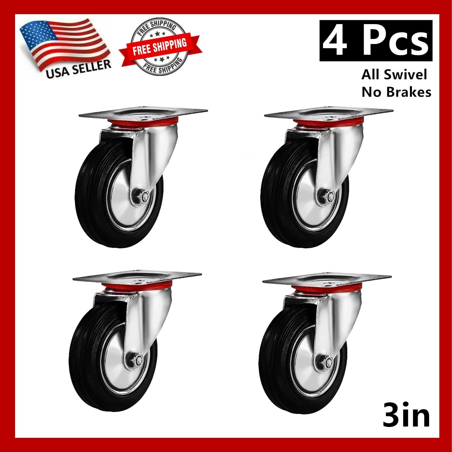 3 Inch Black Rubber Swivel Plate Casters, 4 Pack