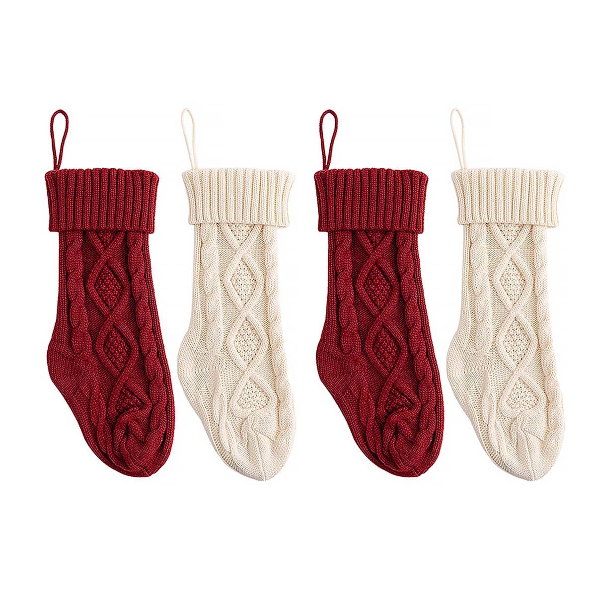 Ivory White and Burgundy Cable Knitted Christmas Stockings, 18 Inches, 4-Pack