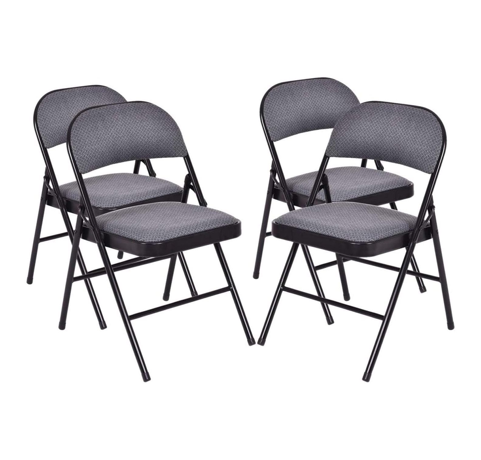 Black Metal and Linen Upholstered Folding Chairs, Set of 4