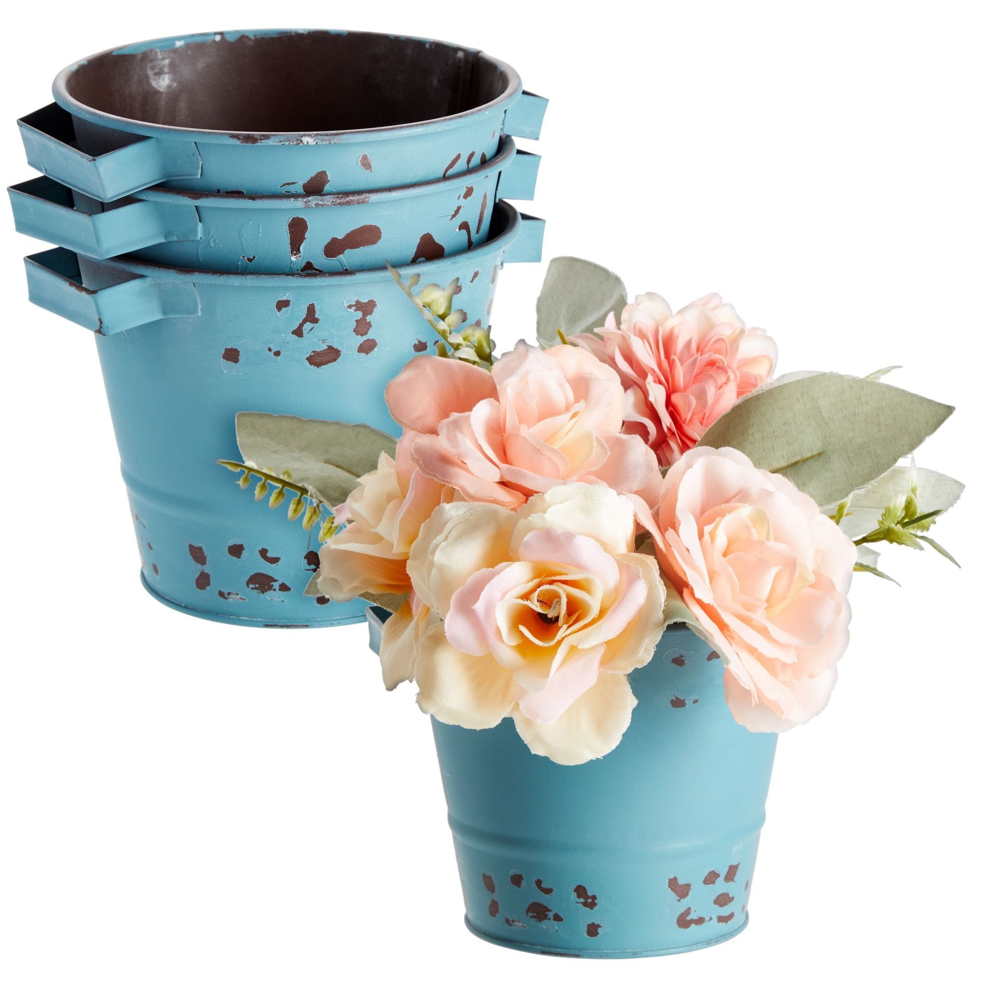 Vintage Blue Galvanized Metal Bucket Planters, Set of 4