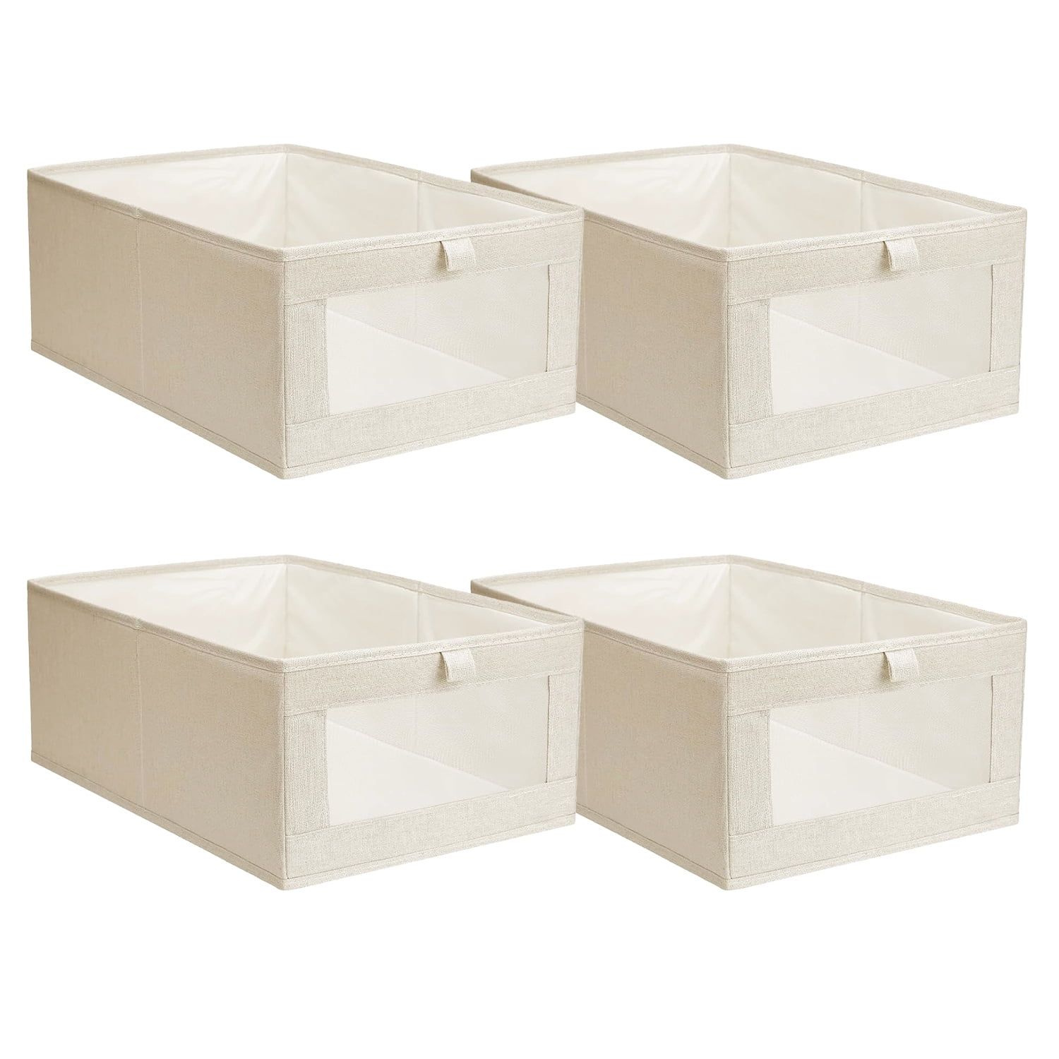 Beige Foldable Linen Storage Bins with Clear Window, Set of 4